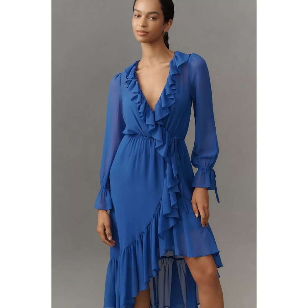 NWT Anthropologie Long-Sleeve Ruffled Asymmetric Midi Dress M Blue Wrap Chiffon